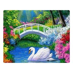 Swan Bird Spring Flowers Trees Lake Pond Landscape Original Aceo Painting Art Double Sided Flano Blanket (large)  by BangZart