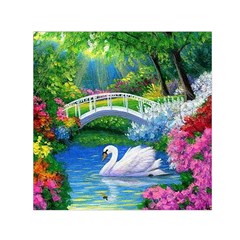 Swan Bird Spring Flowers Trees Lake Pond Landscape Original Aceo Painting Art Small Satin Scarf (square) by BangZart