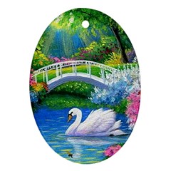 Swan Bird Spring Flowers Trees Lake Pond Landscape Original Aceo Painting Art Oval Ornament (two Sides) by BangZart