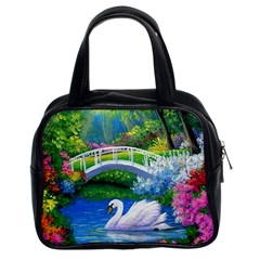 Swan Bird Spring Flowers Trees Lake Pond Landscape Original Aceo Painting Art Classic Handbags (2 Sides) by BangZart