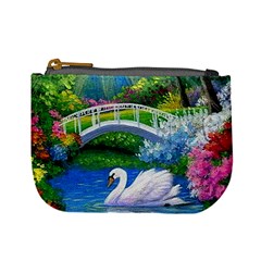 Swan Bird Spring Flowers Trees Lake Pond Landscape Original Aceo Painting Art Mini Coin Purses by BangZart