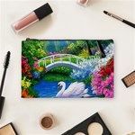 Swan Bird Spring Flowers Trees Lake Pond Landscape Original Aceo Painting Art Cosmetic Bag (Medium)  Front