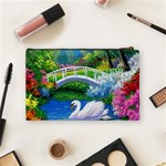 Swan Bird Spring Flowers Trees Lake Pond Landscape Original Aceo Painting Art Cosmetic Bag (Medium)  Back