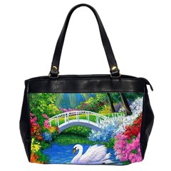 Swan Bird Spring Flowers Trees Lake Pond Landscape Original Aceo Painting Art Office Handbags (2 Sides)  by BangZart