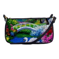 Swan Bird Spring Flowers Trees Lake Pond Landscape Original Aceo Painting Art Shoulder Clutch Bags by BangZart