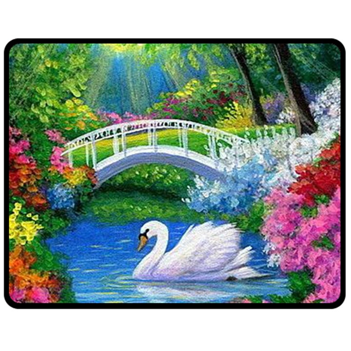 Swan Bird Spring Flowers Trees Lake Pond Landscape Original Aceo Painting Art Fleece Blanket (Medium) 