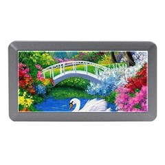 Swan Bird Spring Flowers Trees Lake Pond Landscape Original Aceo Painting Art Memory Card Reader (mini) by BangZart