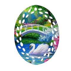 Swan Bird Spring Flowers Trees Lake Pond Landscape Original Aceo Painting Art Oval Filigree Ornament (two Sides) by BangZart