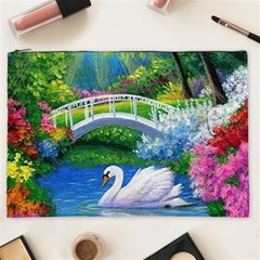 Swan Bird Spring Flowers Trees Lake Pond Landscape Original Aceo Painting Art Cosmetic Bag (xxl)  by BangZart