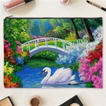 Swan Bird Spring Flowers Trees Lake Pond Landscape Original Aceo Painting Art Cosmetic Bag (XXXL)  Front