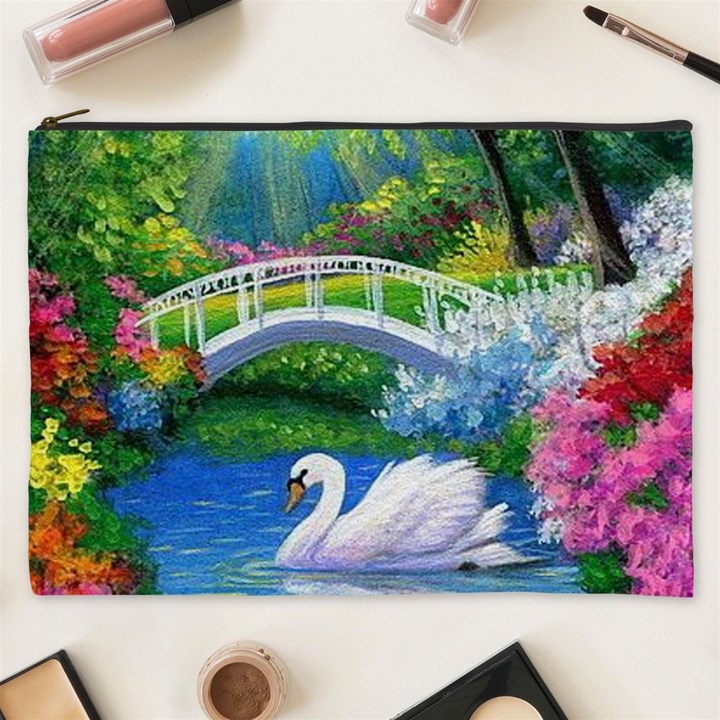 Swan Bird Spring Flowers Trees Lake Pond Landscape Original Aceo Painting Art Cosmetic Bag (XXXL) 