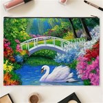 Swan Bird Spring Flowers Trees Lake Pond Landscape Original Aceo Painting Art Cosmetic Bag (XXXL)  Back