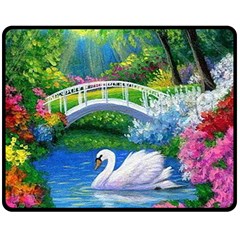 Swan Bird Spring Flowers Trees Lake Pond Landscape Original Aceo Painting Art Double Sided Fleece Blanket (medium)  by BangZart