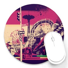 Pink City Retro Vintage Futurism Art Round Mousepads by BangZart