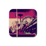 Pink City Retro Vintage Futurism Art Rubber Square Coaster (4 pack)  Front