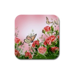 Flora Butterfly Roses Rubber Square Coaster (4 Pack)  by BangZart