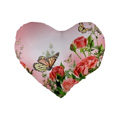 Flora Butterfly Roses Standard 16  Premium Flano Heart Shape Cushions by BangZart