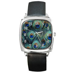 Feathers Art Peacock Sheets Patterns Square Metal Watch by BangZart