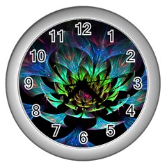 Fractal Flowers Abstract Petals Glitter Lights Art 3d Wall Clocks (silver)  by BangZart