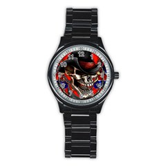 Confederate Flag Usa America United States Csa Civil War Rebel Dixie Military Poster Skull Stainless Steel Round Watch by BangZart