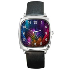 Colored Rays Symmetry Feather Art Square Metal Watch by BangZart