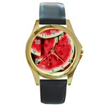 Fresh Watermelon Slices Texture Round Gold Metal Watch Front