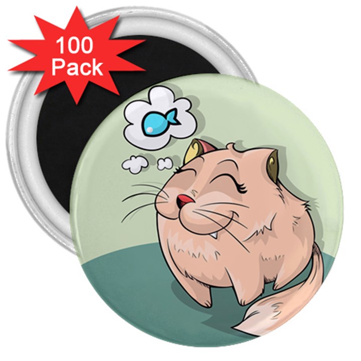 Cat Animal Fish Thinking Cute Pet 3  Magnets (100 pack)