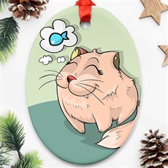 Cat Animal Fish Thinking Cute Pet Oval Ornament (two Sides) by Nexatart