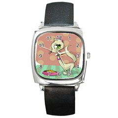 Cat Food Eating Breakfast Gourmet Square Metal Watch by Nexatart