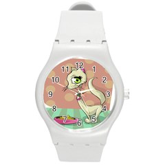 Cat Food Eating Breakfast Gourmet Round Plastic Sport Watch (m) by Nexatart