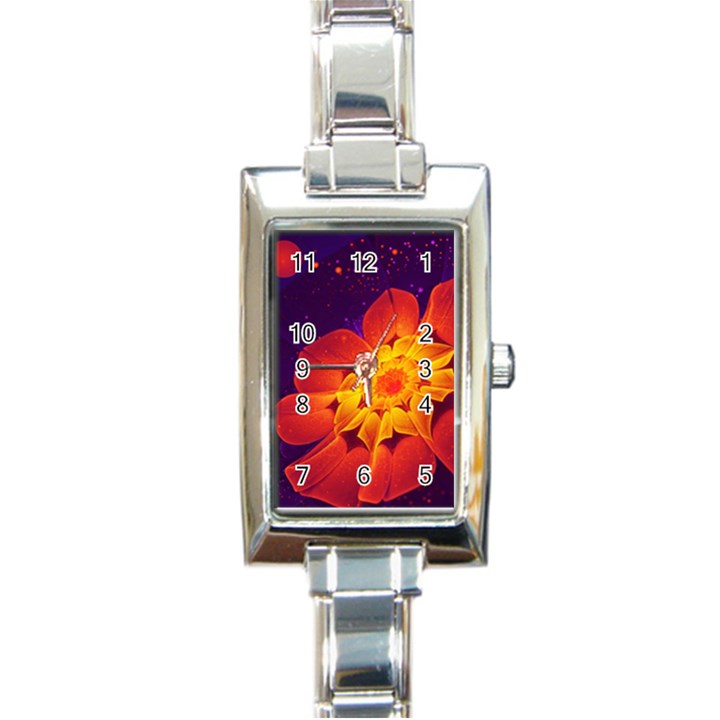 Royal Blue, Red, and Yellow Fractal Gerbera Daisy Rectangle Italian Charm Watch