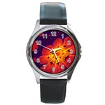 Royal Blue, Red, and Yellow Fractal Gerbera Daisy Round Metal Watch Front