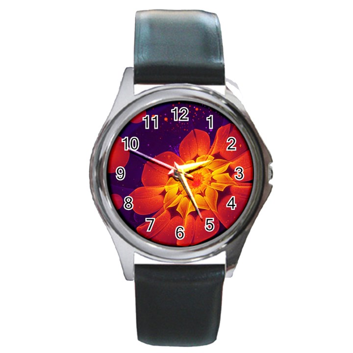 Royal Blue, Red, and Yellow Fractal Gerbera Daisy Round Metal Watch