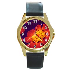 Royal Blue, Red, And Yellow Fractal Gerbera Daisy Round Gold Metal Watch by jayaprime