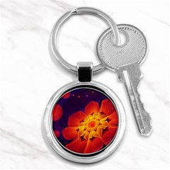 Royal Blue, Red, And Yellow Fractal Gerbera Daisy Key Chains (round)  by jayaprime