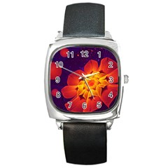 Royal Blue, Red, And Yellow Fractal Gerbera Daisy Square Metal Watch by jayaprime