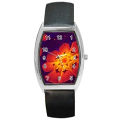 Royal Blue, Red, And Yellow Fractal Gerbera Daisy Barrel Style Metal Watch by jayaprime