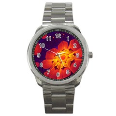 Royal Blue, Red, And Yellow Fractal Gerbera Daisy Sport Metal Watch by jayaprime