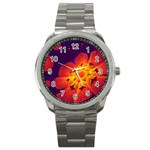 Royal Blue, Red, and Yellow Fractal Gerbera Daisy Sport Metal Watch Front