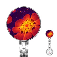 Royal Blue, Red, And Yellow Fractal Gerbera Daisy Stainless Steel Nurses Watch by jayaprime