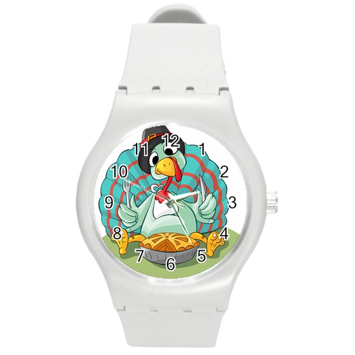 Pie Turkey Eating Fork Knife Hat Round Plastic Sport Watch (M)