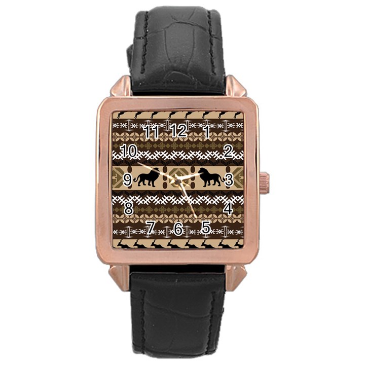 Lion African Vector Pattern Rose Gold Leather Watch 