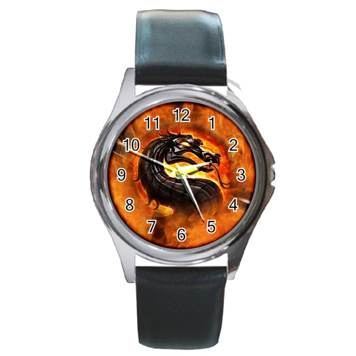 Dragon And Fire Round Metal Watch