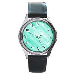 Bright green turquoise geometric background Round Metal Watch