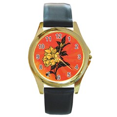 Vector Asian Flowers Round Gold Metal Watch