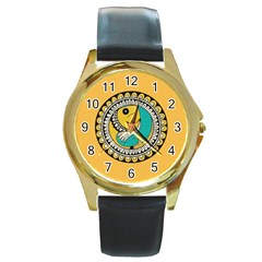 Madhubani Fish Indian Ethnic Pattern Round Gold Metal Watch by BangZart