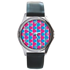 Pink And Bluedots Pattern Round Metal Watch by BangZart