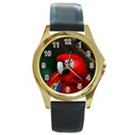 Scarlet Macaw Bird Round Gold Metal Watch Front