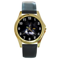 Face Black Cat Round Gold Metal Watch by BangZart