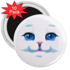 Cute White Cat Blue Eyes Face 3  Magnets (10 Pack) 